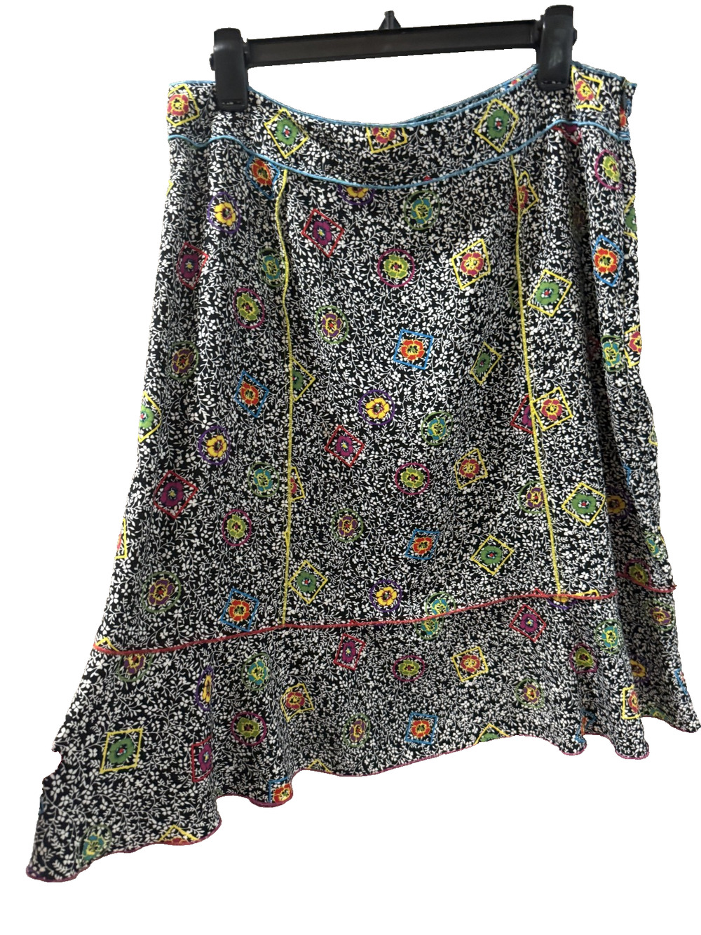 Sag Harbor Multicolor Art to Wear Floral Skirt Size 16 Colored Piping Ruffle Hem